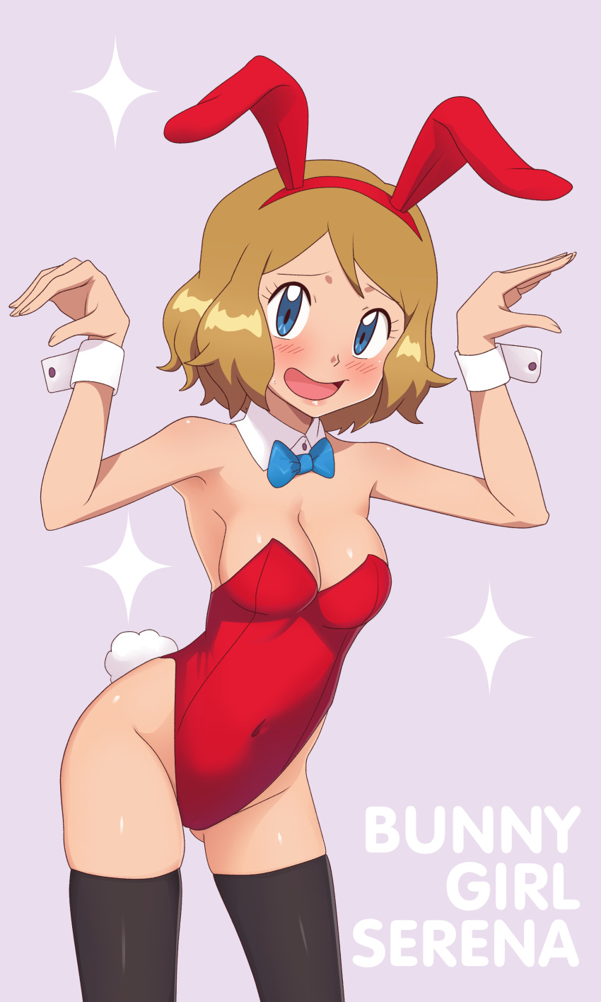 animal_ears animal_tail blue_bow blue_bowtie blush bow bowtie bunny_ears bunny_tail bunnysuit character_name cleavage gazing_eye looking_at_viewer pokemon pokemon_(anime) pokemon_xy serena serena_(pokemon) sweatdrop