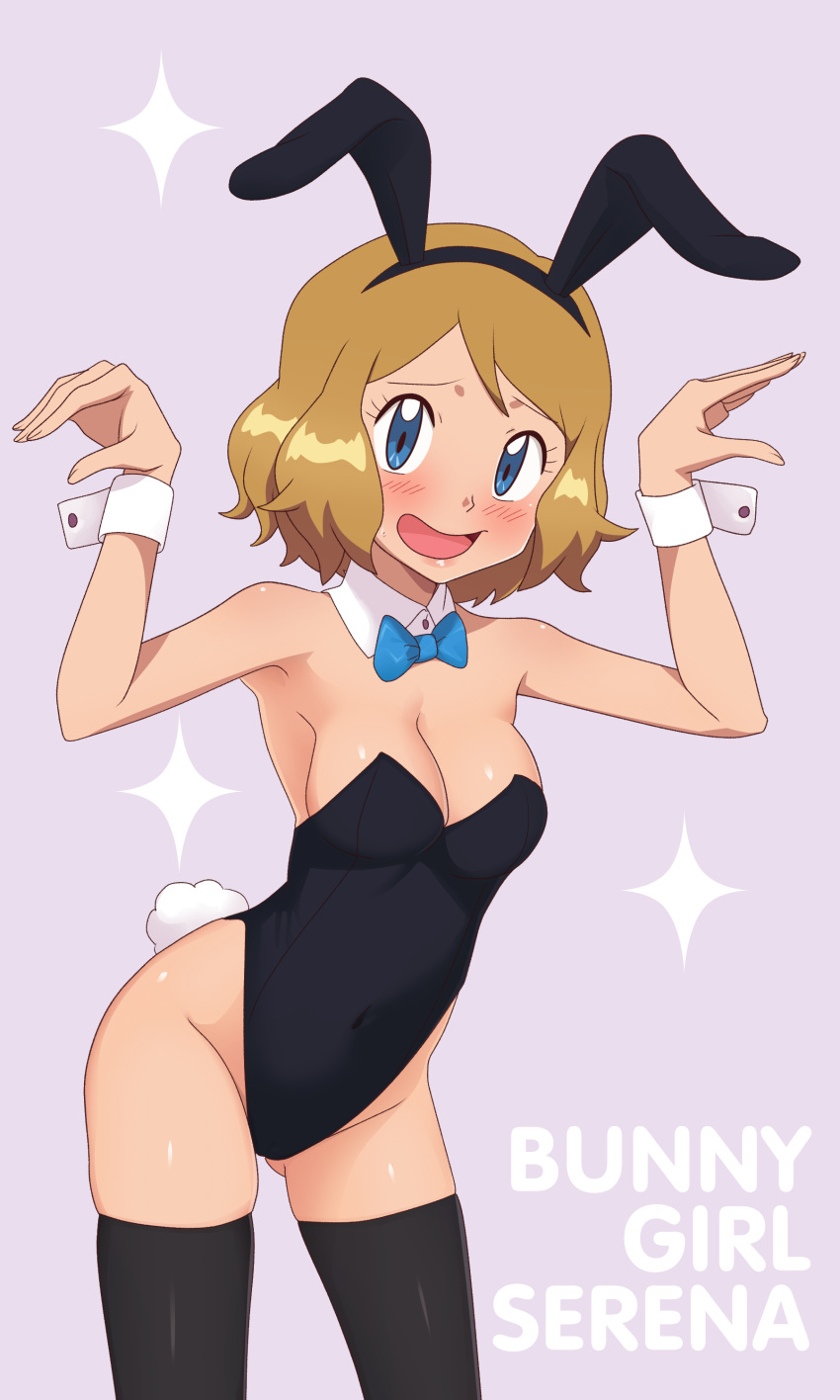 animal_ears animal_tail blue_bow blue_bowtie blush bow bowtie bunny_ears bunny_tail bunnysuit character_name cleavage gazing_eye looking_at_viewer pokemon pokemon_(anime) pokemon_xy serena serena_(pokemon) sweatdrop