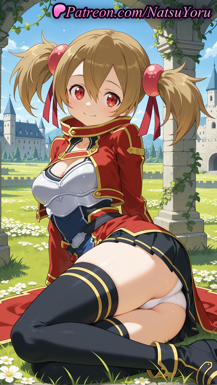 1girl 1girl 1girls 2025 ai ai_assisted ai_generated alfheim_online anime anime_style arm_support armor ass ass ayano_keiko bangs big_breasts black_footwear black_skirt black_thighhighs blonde_hair blue_sky blush boots breastplate breasts brown_hair bust castle cleavage cleavage_cutout closed_mouth clothing cloud cropped_jacket day female_focus female_only fingerless_gloves flower grass hair_between_eyes hair_ornament hair_ribbon hentai high_quality high_res high_res high_resolution jacket juicy_butt long_sleeves looking_at_viewer medium_breasts military_uniform miniskirt natsuyoru on_side outside panties panties pantyshot patreon plant pleated_skirt red_eyes red_jacket red_ribbon ribbon ruins short_hair short_twintails silica sitting skirt sky smile solo_female stable_diffusion stockings sword_art_online sword_art_online:_fairy_dance sword_art_online_alicization thighs twin_tails underwear uniform voluptuous voluptuous_female white_flower white_panties yokozuwari