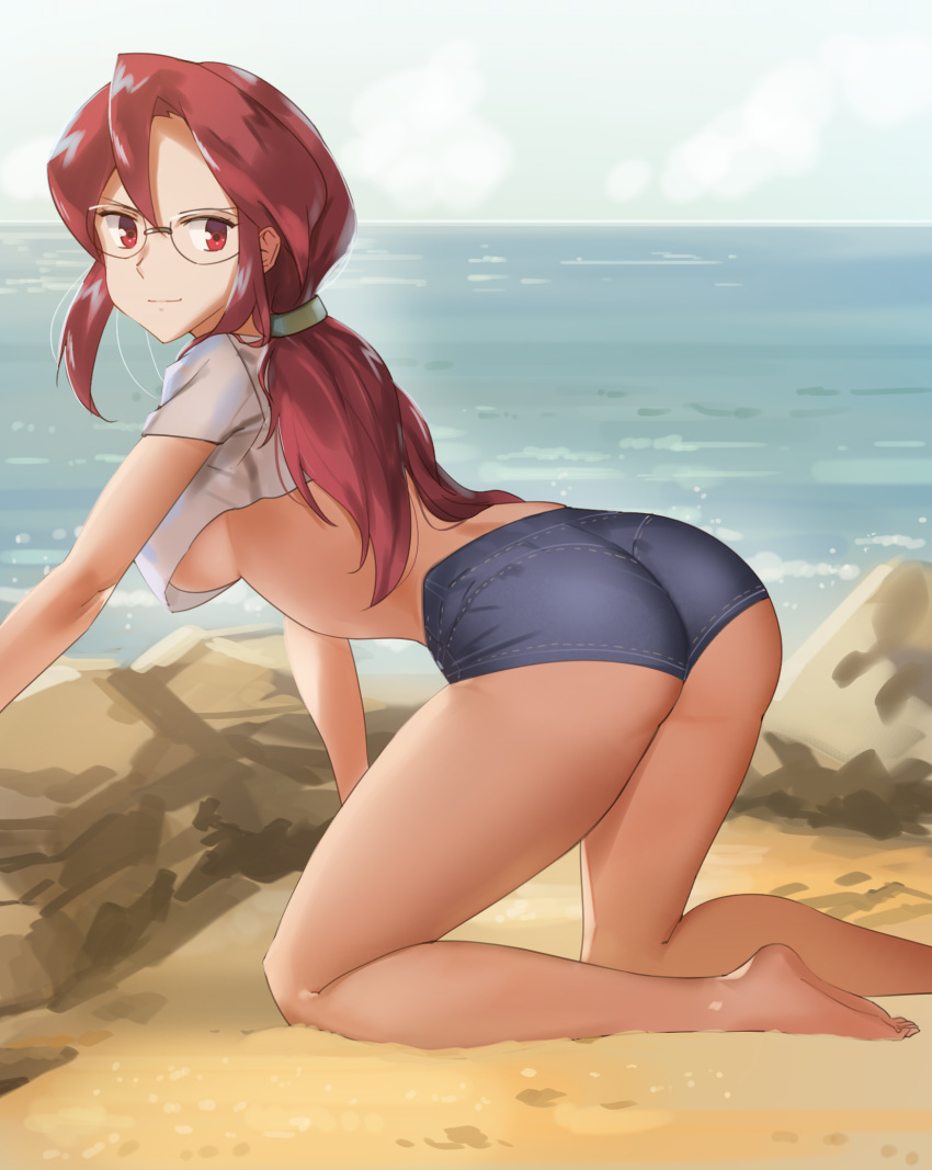 >:) 1girl all_fours alternative_costume arm arm_support ass bare_legs barefoot beach blue_shorts blue_sky breasts closed_mouth clothing creatures_(company) crop_top crop_top_overhang day elite_four elite_four_(kanto_region) feet female game_freak glasses high_resolution humans_of_pokemon kanna_(pokemon) kneeling leaning leaning_forward legs light-skinned_female light_smile long_hair looking_at_viewer looking_back lorelei_(pokemon) medium_breasts megane midriff naughty_face nintendo no_bra ocean outdoors pokemon pokemon_(anime) pokemon_(game) pokemon_character pokemon_frlg pokemon_red_green_blue_&_yellow pokemon_rgby ponytail porkyman red_eyes red_hair rock sand sendrawz shirt short_shorts short_sleeves shorts sideboob sky smile soles solo t-shirt tied_hair toes underboob v-shaped_eyebrows white_shirt