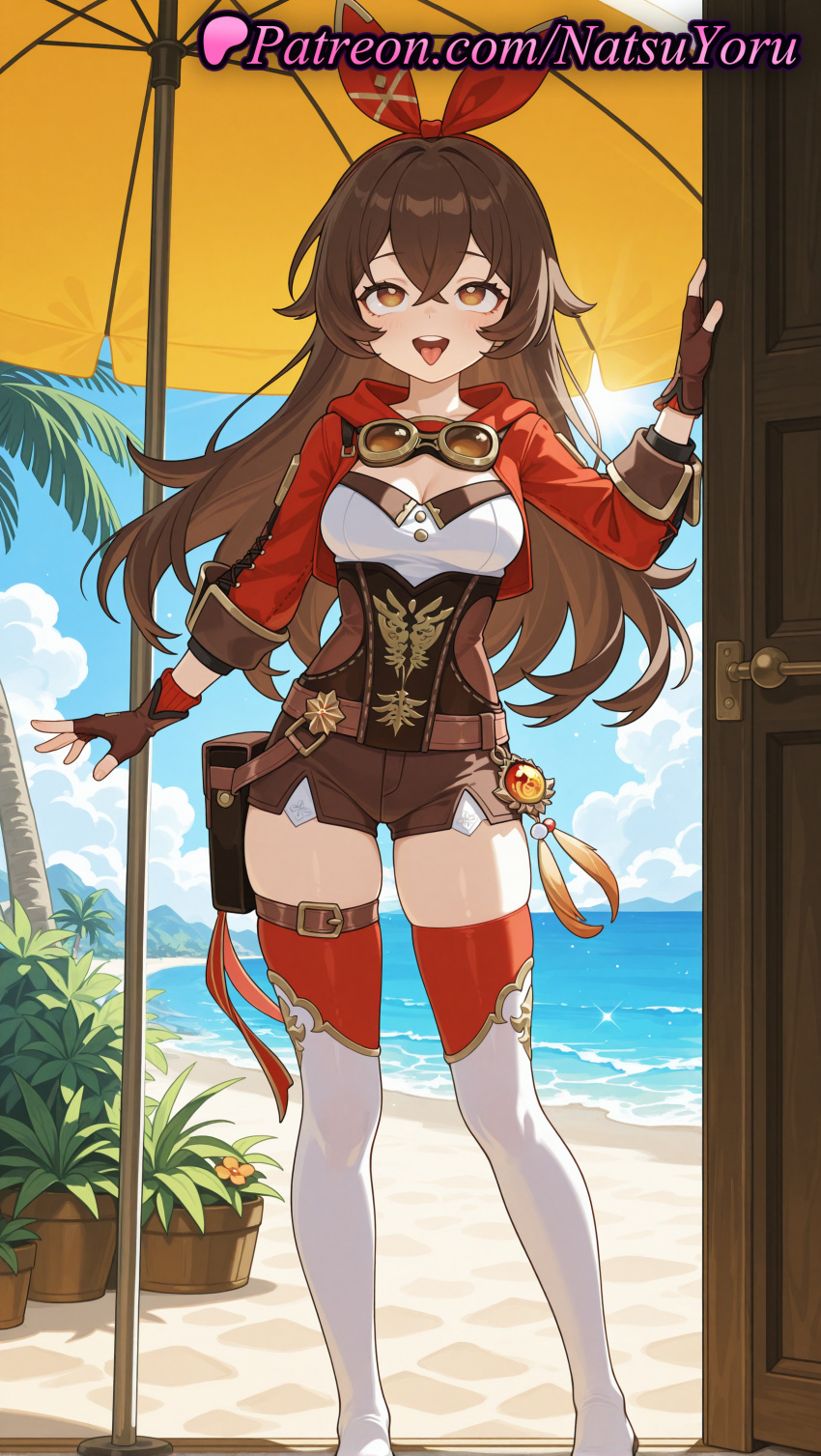 1girl 2025 ai_generated amber_(genshin_impact) anime anime_style bangs beach beach_umbrella belt big_breasts blue_sky blush boots breasts brown_belt brown_eyes brown_gloves brown_hair brown_shorts bust cleavage cloud cropped_jacket crossed_bangs day door doorway female_focus female_only female_solo fingerless_gloves full_body genshin_impact gloves goggles goggles_around_neck hair_between_eyes hair_bow hair_ribbon hairband heart-shaped_pupils hentai high_quality high_res high_resolution horizon jacket long_hair long_sleeves looking_at_viewer medium_breasts natsuyoru ocean open_door open_mouth outside palm_tree patreon plant potted_plant pouch red_hairband red_jacket red_ribbon red_thighhighs ribbon sand short_shorts shorts shrug_(clothing) sky smile solo_female stable_diffusion standing stockings sun symbol-shaped_pupils teeth thigh_high_boots thigh_strap thighhighs_under_boots thighs tongue tongue_out tree umbrella upper_teeth_only vision_(genshin_impact) voluptuous voluptuous_female water white_footwear