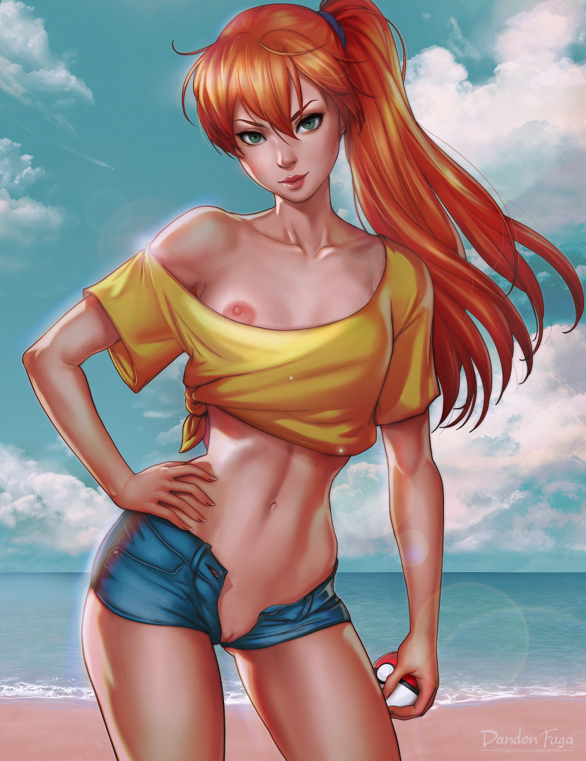 absurdres ass_visible_through_thighs beach bow bow_panties breast_out breasts collarbone contrapposto cowboy_shot dandon_fuga denim denim_shorts green_eyes halterneck hand_on_hip highres holding_poke_ball kasumi_(pokemon) lips looking_at_viewer medium_breasts midriff misty nipples no_bra no_panties no_underwear off-shoulder_shirt one_breast_out open_fly orange_hair panties poke_ball pokemon ponytail red_hair redhead shirt shorts side_ponytail solo tied_shirt