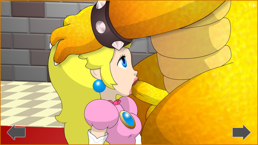 blonde blonde_hair blue_eyes blue_iris bowser fellatio game hand_on_head hands_on_head irrumatio koopa looking_up monster nintendo oral pink_dress princess_peach sex smb super_mario_bros. yellow_hair