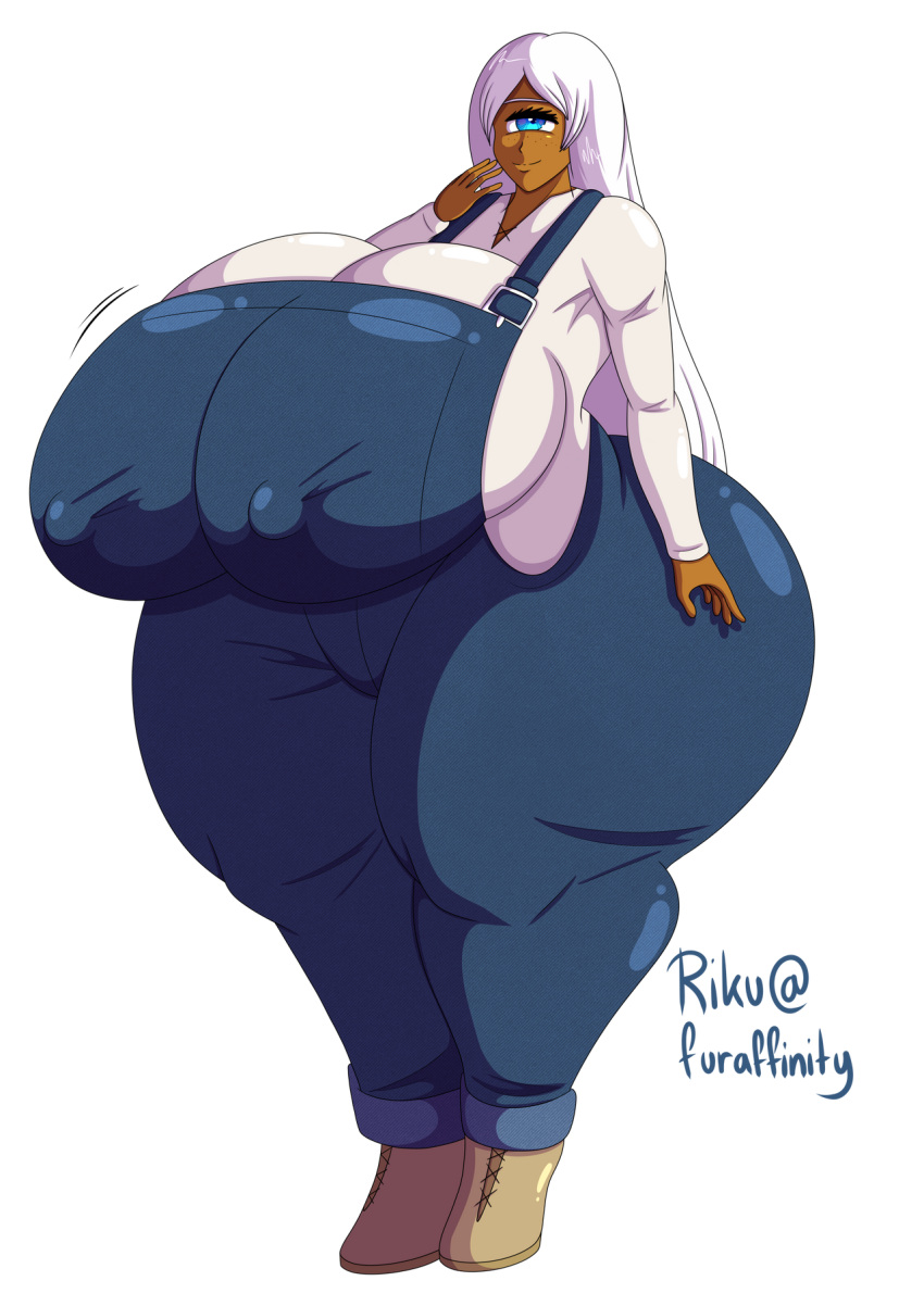 anthro blue_eyes blue_jeans brown_skin cyclops gigantic_ass gigantic_breasts hourglass_figure one_eye overalls riku white_hair