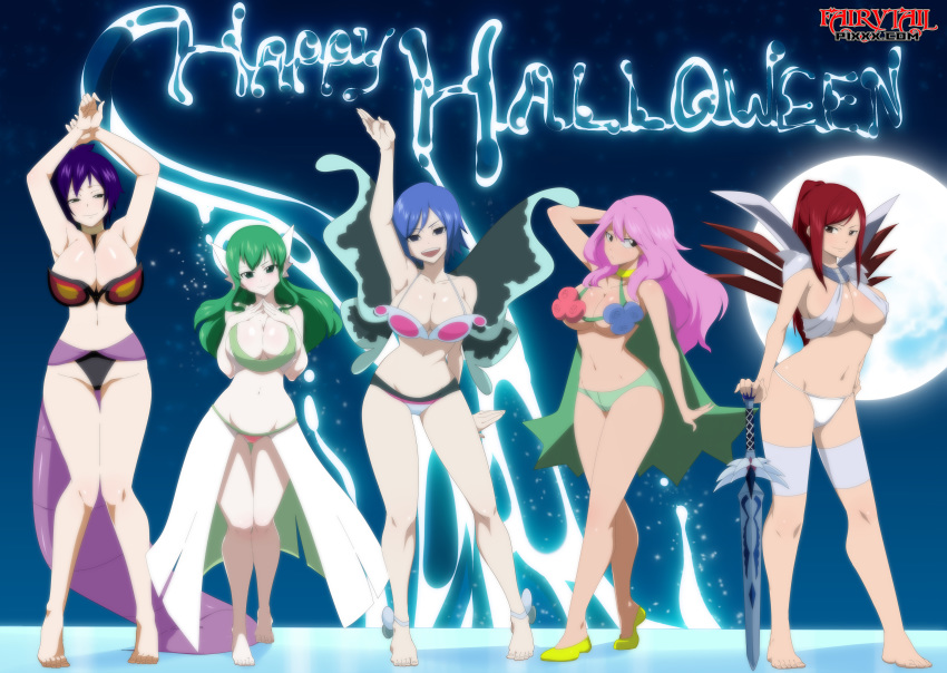 5girls big_breasts bikini blue_hair breasts cosmos_(fairy_tail) cute erza_scarlet fairy_tail green_hair hisui_e._fiore juvia_loxar kinana lexus_(artist) long_hair looking_at_viewer pink_hair purple_hair red_hair short_hair smile