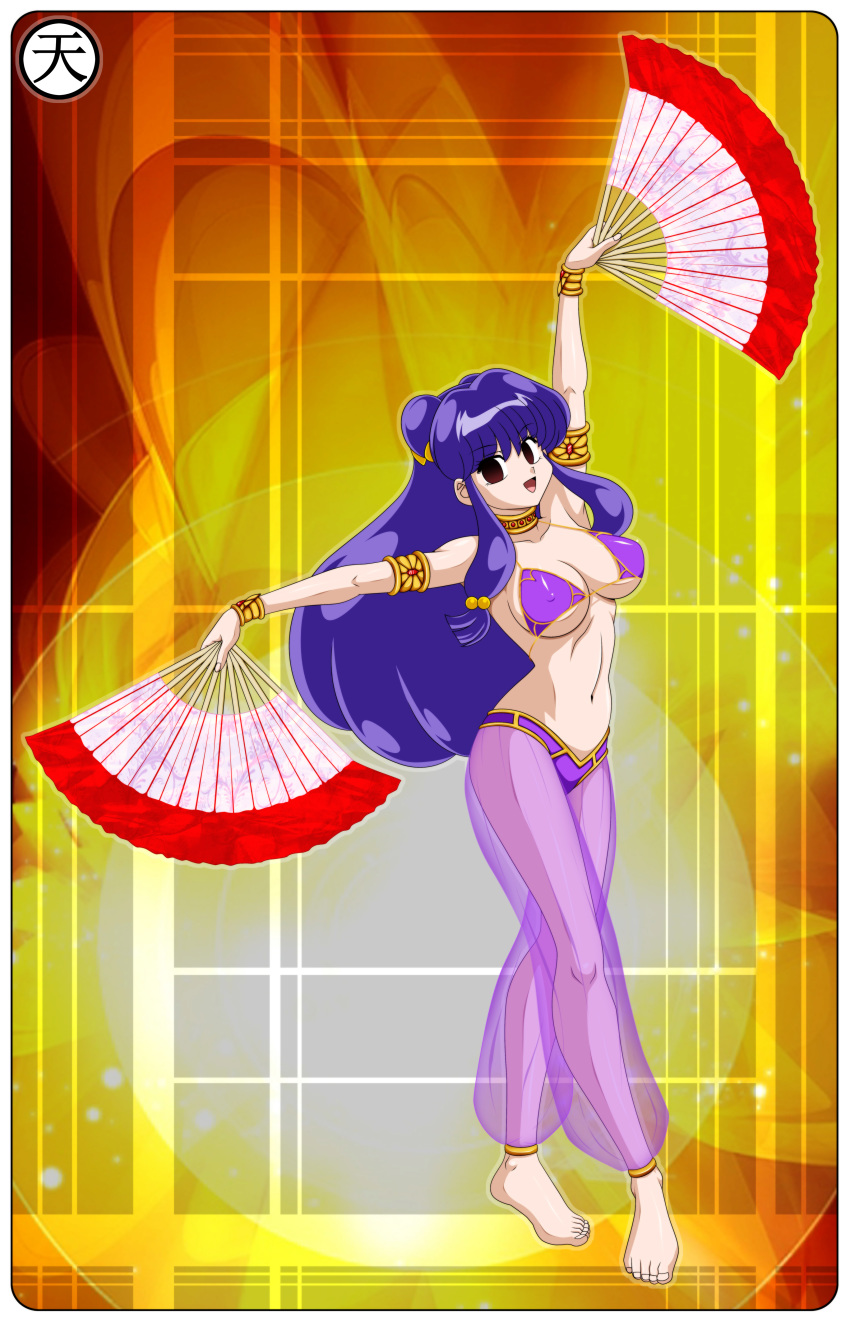 brown_eyes cleavage dancer dancing empty_eyes fans female mind_control purple_hair ranma_1/2 shampoo_(character) shampoo_(ranma_1/2) solo tenzen weapon