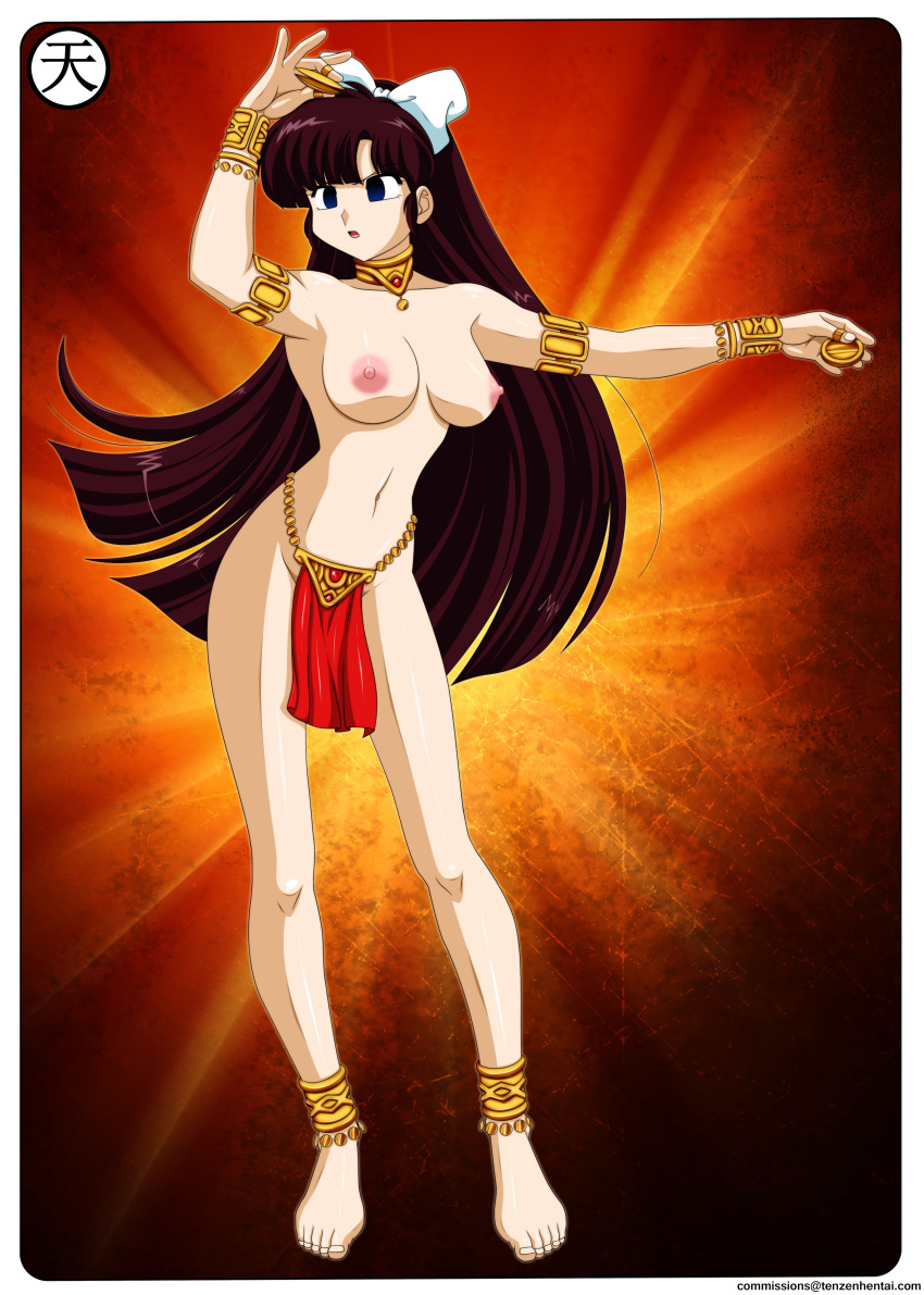 brown_hair cymbals dancer dancing empty_eyes female mind_control nipples purple_eyes ranma_1/2 solo tenzen topless ukyo_kuonji weapon