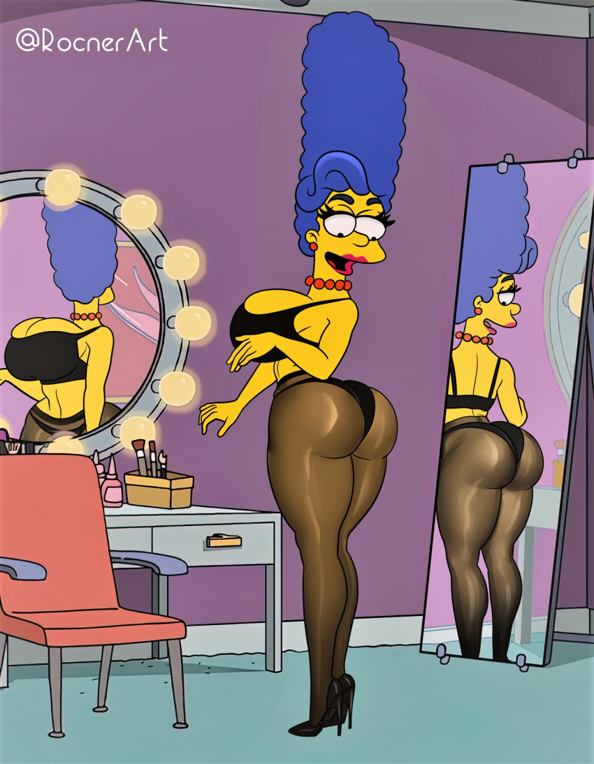 ass bra high_heels huge_breasts marge_simpson mirror panties pantyhose the_simpsons thighs