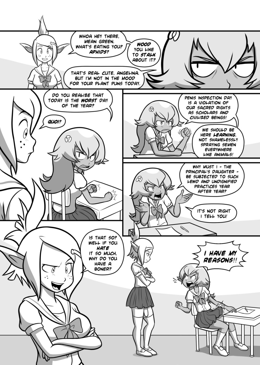 2014 2_girls amalia_sheran_sharm bulge comic desk dialogue elf_ears erection evangelyne futanari long_hair megasweet monochrome school_uniform skirt thighhighs wakfu whakfuta_academy