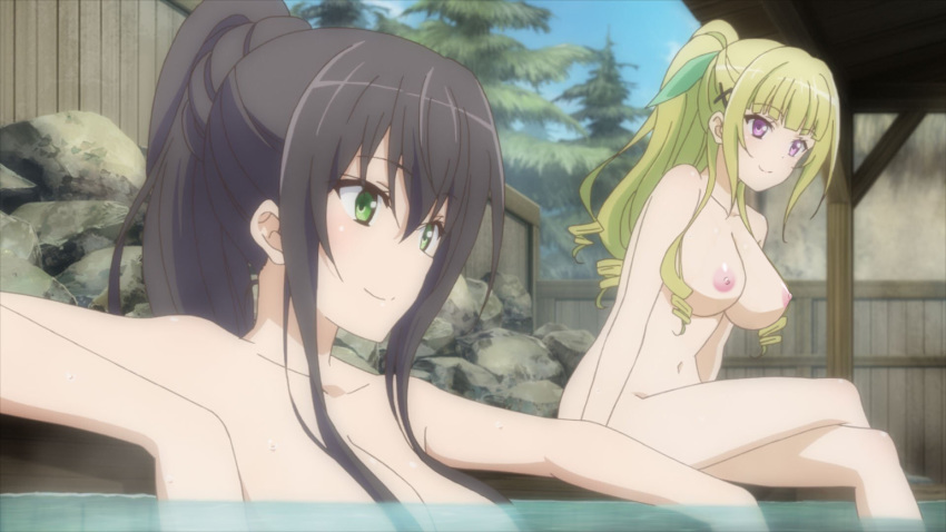 16:9_aspect_ratio 1girl areola big_breasts black_hair blonde breasts choujin_koukousei-tachi_wa_isekai_demo_yoyuu_de_ikinuku_you_desu completely_nude crossed_legs drill_hair green_eyes hair_ornament high_resolution ichijou_aoi kanzaki_keine long_hair multiple_girls navel nipples nude nude_filter onsen partially_submerged ponytail purple_eyes ribbon sitting smile third-party_edit tied_hair