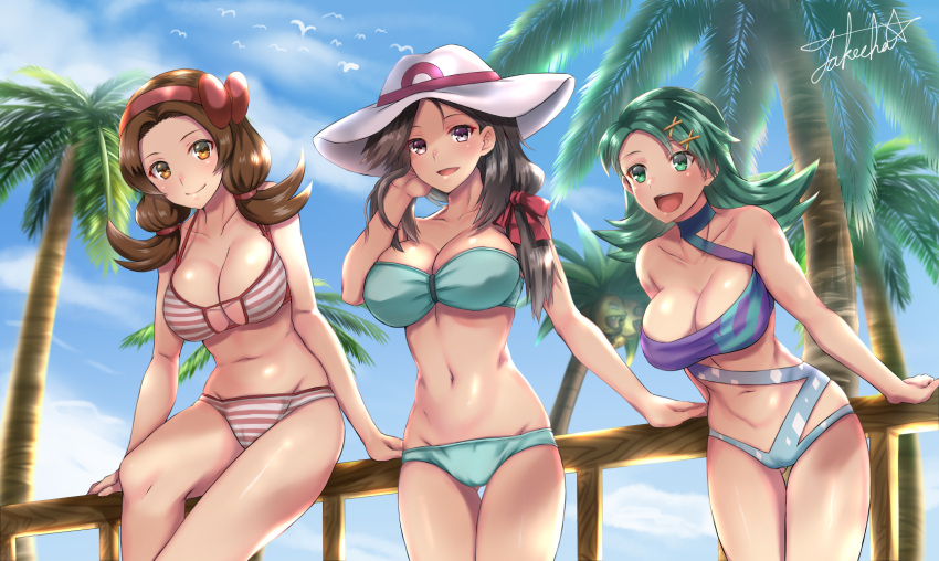 3_girls :d against_fence alluring aqua_bikini aqua_hair bandeau bare_arms bare_shoulders big_breasts bikini bird black_hair blush bow breasts brown_hair casual_one-piece_swimsuit cleavage closed_mouth cloud collarbone creatures_(company) day fence game_freak gluteal_fold green_eyes hair_bow hair_ornament hair_over_shoulder hairband hairclip hand_in_hair hat high_res kris_(pokemon) leaf_(pokemon) leaning_forward long_hair looking_at_viewer low_ponytail low_twintails lyra_(pokemon) multiple_girls navel nintendo older one-piece_swimsuit open_mouth orange_eyes outside palm_tree pokemon pokemon_(game) pokemon_frlg pokemon_gsc pokemon_hgss purple_eyes red_bikini red_bow red_hairband signature sitting smile stomach strapless strapless_bikini striped striped_bikini sun_hat swimsuit takecha thigh_gap thighs tree twin_tails white_headwear x_hair_ornament