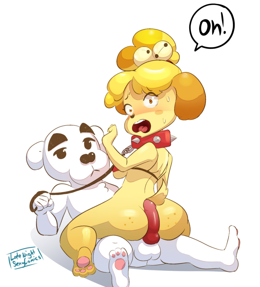 1girl animal_crossing anthro ass big_ass buttjob canine collar digital_media_(artwork) duo fur furry hot_dogging hotdogging isabelle_(animal_crossing) k.k._slider latenightsexycomics leash looking_at_viewer male male/female mammal nintendo penis sex signature surprise text video_games