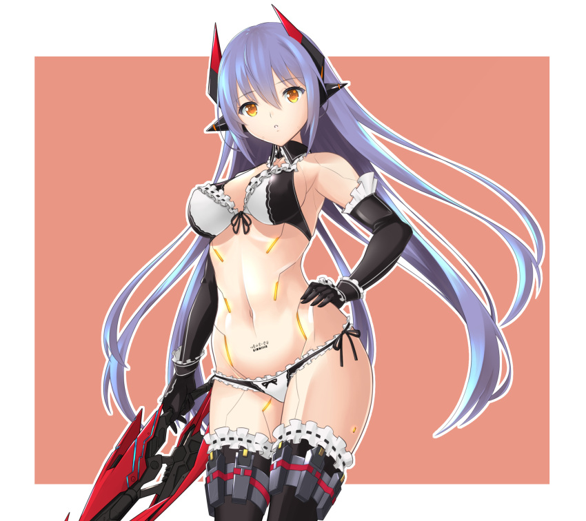 1girl 1girl android bad_id bad_pixiv_id bare_shoulders big_breasts bikini black_thighhighs body_writing cleavage cowboy_shot dolling60883582 dollinger elbow_gloves frilled_bikini frilled_gloves frilled_thighhighs frills gloves hand_on_own_hip headgear high_res holding holding_sword holding_weapon joints long_hair looking_at_viewer maid maid_bikini navel nintendo outline parted_lips pink_background poppi_(xenoblade) poppi_qtpi_(xenoblade) purple_hair robot_joints side-tie_bikini_bottom stockings stomach swimsuit sword unconventional_maid very_long_hair weapon white_bikini white_outline xenoblade_(series) xenoblade_chronicles_2 yellow_eyes