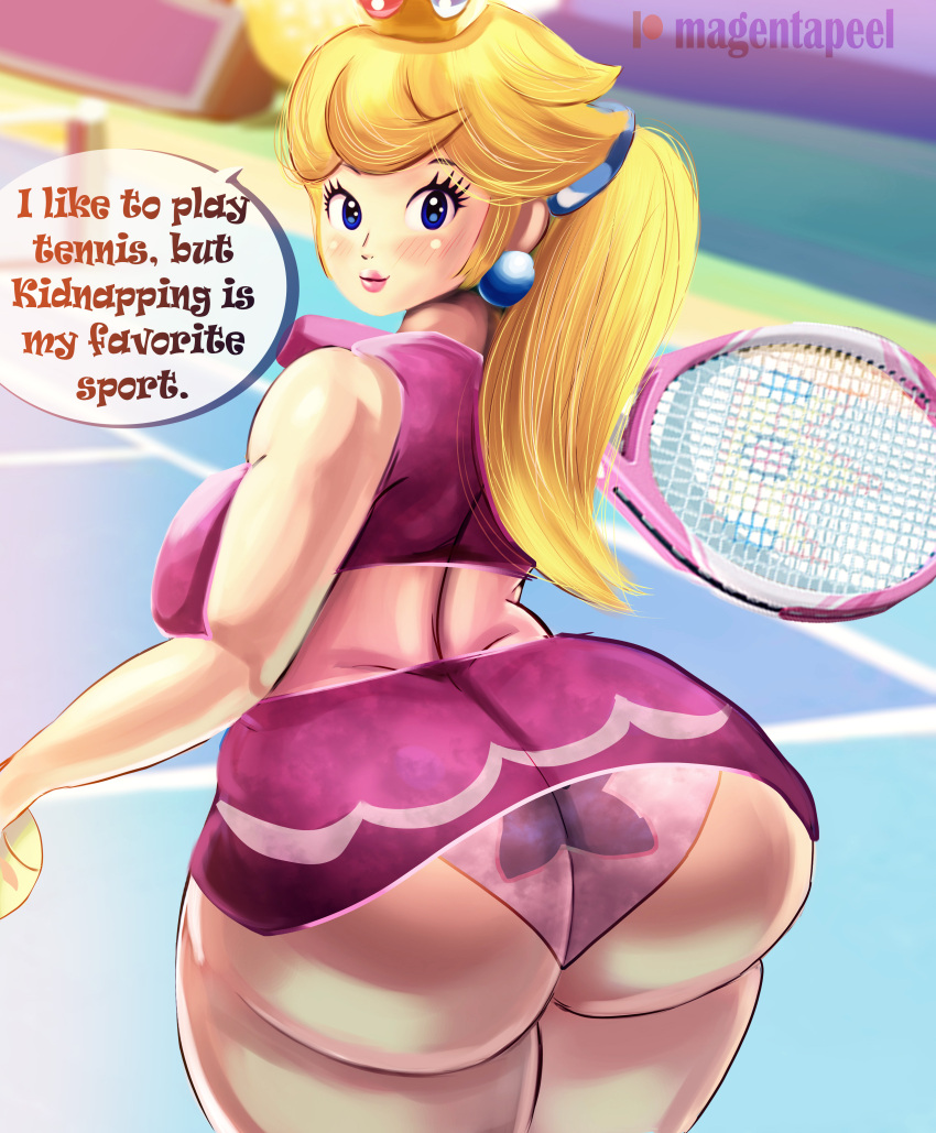 1girl ass big_ass big_breasts blonde_hair blue_eyes breasts bubble_ass bubble_butt chubby chubby_female dat_ass english_text female_only huge_ass huge_breasts large_ass magentapeel mario_(series) mario_tennis milf nintendo panties princess_peach seductive seductive_smile sexy sexy_ass sexy_body sexy_legs sexy_pose smelly_ass tennis_uniform text thick_ass thick_thighs wide_hips