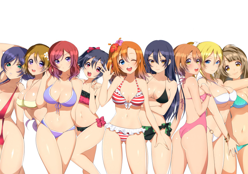 ayase_eli big_breasts bikini black_hair blonde_hair blue_hair breasts brown_hair cute hoshizora_rin koizumi_hanayo kousaka_honoka looking_at_viewer love_live!_school_idol_project minami_kotori multiple_girls nishikino_maki purple_hair red_hair smile sonoda_umi toujou_nozomi yazawa_nico