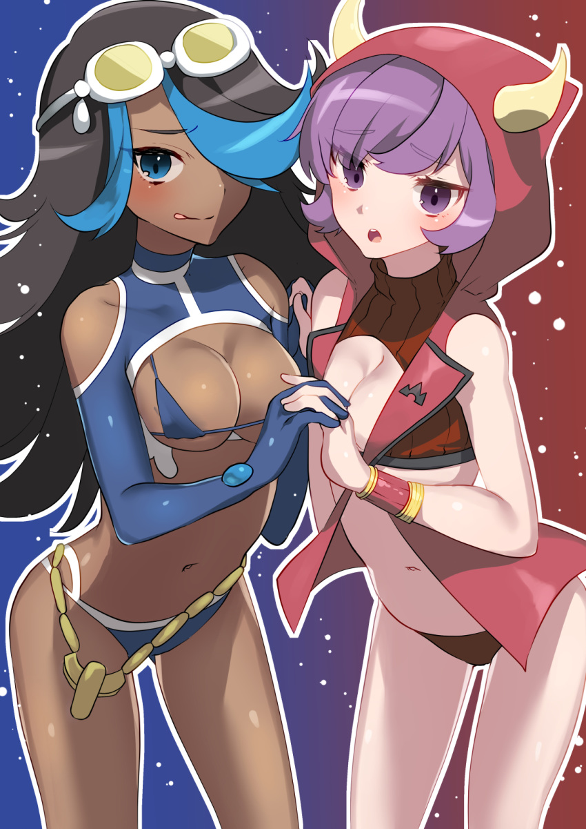 bikini blue_bikini blue_swimsuit cleavage courtney_(pokemon) fake_horns izumi_(pokemon) kagari_(pokemon) kagari_(pokemon)_(remake) mizuki_eiru_(akagi_kurage) pokemon pokemon_(game) pokemon_oras red_bikini red_swimsuit shelly team_aqua team_magma