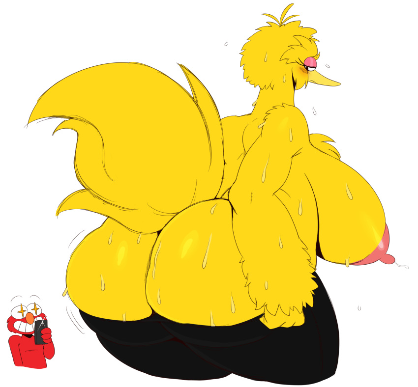 1girl anthro areola ass avian big_ass big_bird big_breasts bird breasts duo elmo erect_nipples furry huge_ass huge_breasts male muppet muppets nipples overweight overweight_female sesame_street slightly_chubby sssonic2 sweat tagme