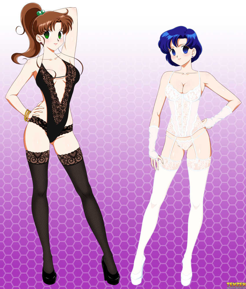 2_girls 2girls ami_mizuno big_breasts bishoujo_senshi_sailor_moon blue_eyes blue_hair breasts brown_hair cleavage corset empty_eyes female female_only garter_straps green_eyes kino_makoto lingerie makoto_kino mind_control mizuno_ami mostly_nude panties sailor_jupiter sailor_mercury sailor_moon standing stockings tenzen