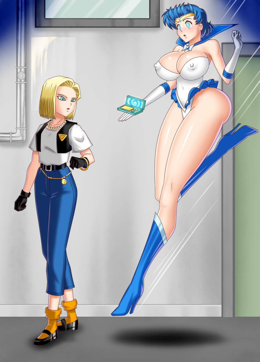 2_girls 2girls ami_mizuno android_18 ass big_ass big_breasts bishoujo_senshi_sailor_moon blue_boots blue_eyes blue_hair bluebullpen boots breasts cameltoe cleavage clothed crossover dragon_ball dragon_ball_z elbow_gloves erect_nipples female female_only gloves heeled_boots high_heel_boots hypnotic_screen mind_control mizuno_ami nipples sailor_mercury sailor_moon short_hair spiral_eyes tiara yellow_hair