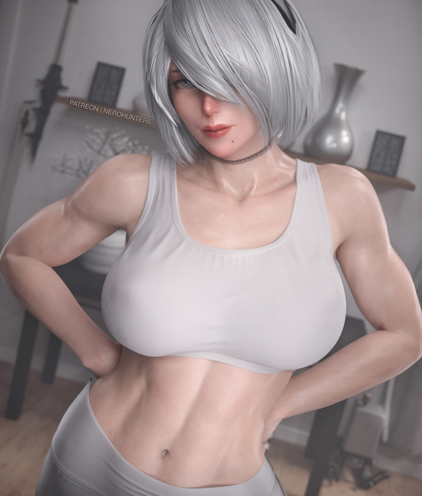 1girl 1girl 1girl 3d abs alluring ass athletic_female big_breasts breasts female_abs female_only fit_female lingerie looking_at_viewer looking_back nerohunter6 nier nier:_automata nier_(series) nipple_piercing nipple_piercing nude nude_female sports_bra square_enix thick_thighs thong thong_only white_hair yorha_2b yorha_no._2_type_b