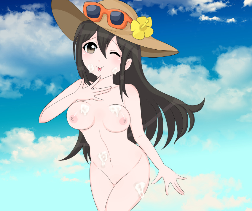 ;) ;p cum cum_on_body cum_on_breasts cum_on_lower_body cum_on_upper_body facial flower hat looking_at_viewer npc_trainer pokemon pokemon_(game) pokemon_sm porkyman sightseer smile sun_glasses sun_hat sunglasses wink