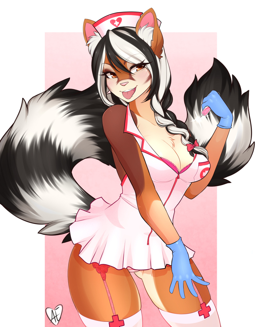 <3 1girl 1girl 2015 absurd_res amber_eyes anthro belt black_fur black_hair blush bow bra breasts brown_fur cleavage clothed clothing digital_media_(artwork) dress fully_clothed fur furry gloves hair hair_bow hair_ribbon hat high_res legwear long_hair looking_at_viewer multicolored_hair nurse nurse_uniform open_mouth panties pink_nose ribbons ringtail short_dress skirt smile spittfire_(artist) standing stockings striped_panties syringe tongue tongue_out two_tone_hair underwear uniform white_fur white_hair