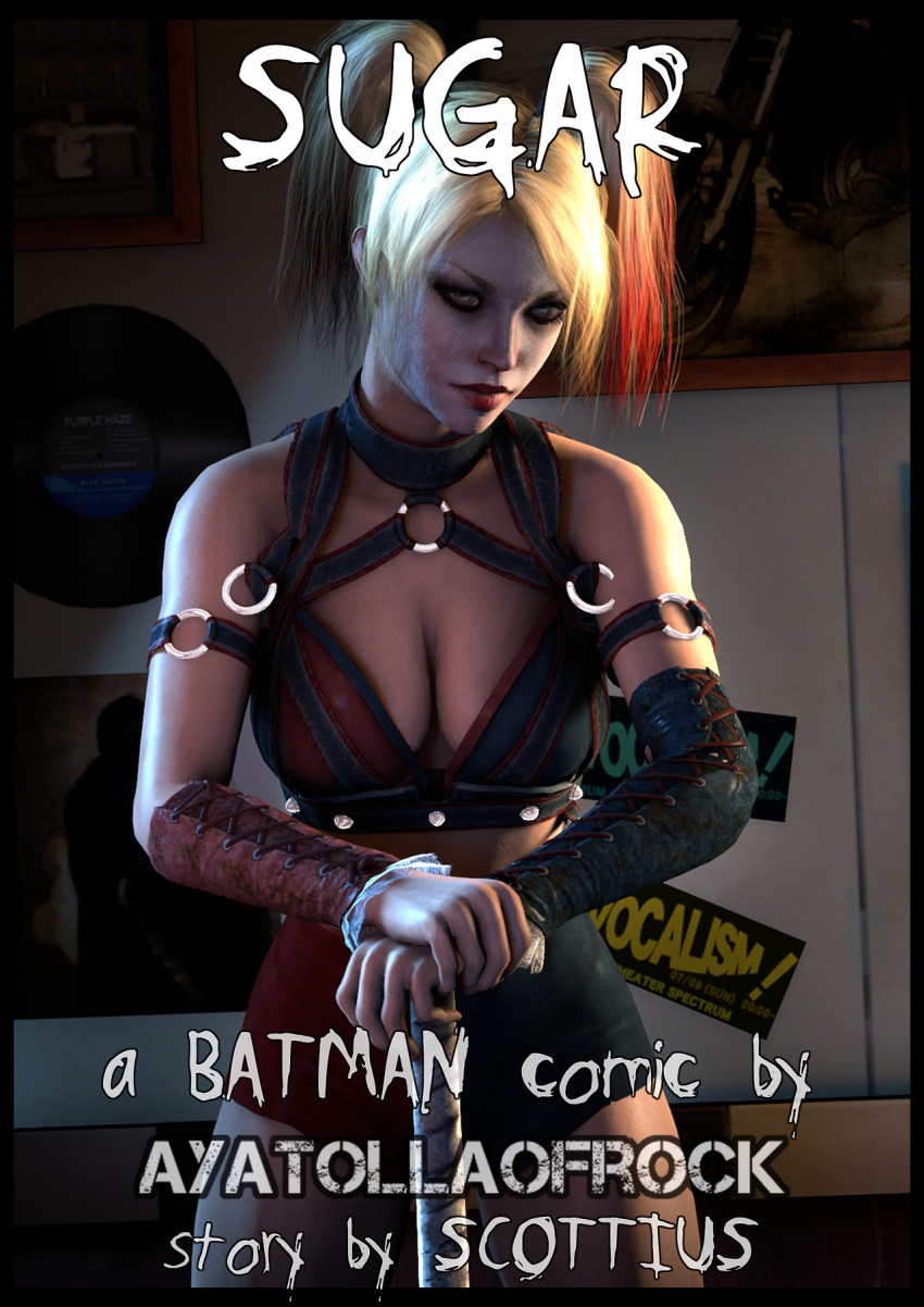 3d ayatollaofrock batman_(series) blonde_hair cleavage dc dc_comics harley_quinn leather pigtails superhero