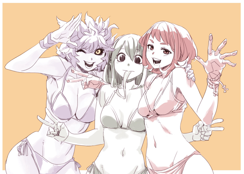 1girl 3_girls :d ;d absurd_res archvermin arm_around_shoulder ashido_mina asui_tsuyu big_breasts bikini black_sclera blush boku_no_hero_academia breasts cleavage double_v groin high_res long_tongue looking_at_viewer mina_ashido monster_girl multiple_girls multiple_monochrome muted_color my_hero_academia navel ochako_uraraka one_eye_closed open_mouth orange_background red_eyes red_hair short_hair side-tie_bikini smile swimsuit tongue tongue_out tsuyu_asui uraraka_ochako v yellow_eyes