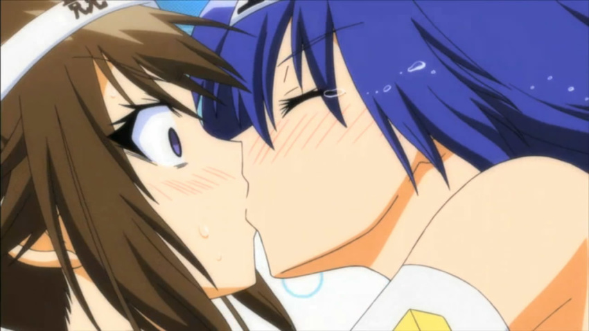 2girls anime babe blue_hair blush brown_hair female female_only friends kikaijima_mogana kissing kurokami_medaka long_hair looking_at_another love medaka_box medaka_kurokami mogana_kikaijima multiple_girls surprised sweat sweatdrop tears yuri