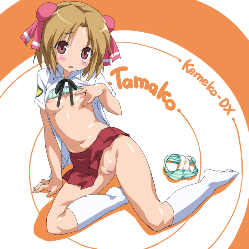 1girl bad_id blonde_hair blush bottomless bra bra_lift breast_grab breasts flat_chest footwear grabbing hair_ribbon highres inverted_nipples kemeko_deluxe kemeko_deluxe! kneehighs kneeling kobayashi_tamako koku lingerie navel nipples no_panties nude open_mouth panties petite puffy_nipples purple_eyes pussy ribbon school_uniform shirt_lift short_hair skirt small_breasts socks solo stain striped striped_panties sweat tamako_kobayashi uncensored underwear undressing