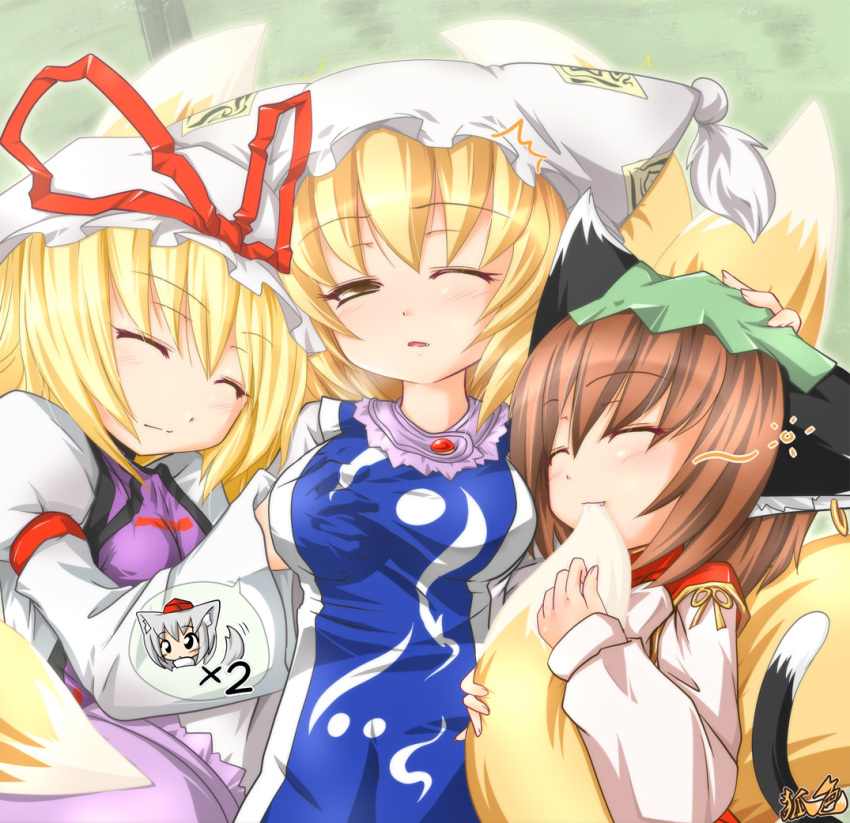 3girls animal_ears bite biting blonde_hair breast_grab breasts brown_hair cat_ears cat_tail chen chen_yakumo china_dress chinadress chinese_clothes dress earrings female fox_ears fox_tail grabbing groping hat inubashiri_momiji jewelry kazami_karasu long_hair long_sleeves multiple_girls pillow_hat ran_yakumo ribbon ribbons short_hair tail tail_biting tassel touhou wide_sleeves yakumo_ran yakumo_yukari yukari_yakumo yuri