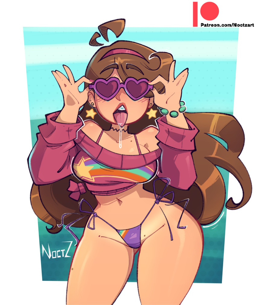 1girl 2d 2d_(artwork) 5_fingers :p accessory adjusting_eyewear adjusting_glasses adjusting_sunglasses aged_up ahe_gao ahegao ahoge antenna_hair aroused artist_name artist_signature ass ass_visible_through_thighs bare_legs bare_midriff bare_shoulders bare_thighs beauty_mark big_ass big_breasts big_thighs bikini bikini_bottom bikini_top blue_background blush blush_lines bodily_fluids bottom_heavy bottomwear bracelet braces breasts brown_hair brunette bubble_ass bubble_butt child_bearing_hips choker clothed clothed_female clothes clothing colored_nails covered_eyes cowboy_shot crop_top crop_top_sweater cropped_sweater curvaceous curvy curvy_female curvy_figure cute digital_drawing_(artwork) digital_media_(artwork) disney disney_channel disney_xd drooling earrings exposed_shoulders eyebrows eyebrows_raised eyes_covered eyewear facing_viewer fat_ass fat_butt female_only fit fit_female front_view gravity_falls hair_accessory hair_down headband headgear heart-shaped_sunglasses high_res hips horny horny_female huge_ass huge_breasts huge_thighs human large_ass large_butt large_thighs light-skinned_female light_skin lips lipstick long_hair looking_at_viewer mabel_pines midriff mole_on_thigh motion_lines nail_polish no_bra no_panties no_underwear noctz obscured_eyes open_mouth patreon patreon_logo patreon_url patreon_username pink_nails pinup pose posing purple-tinted_eyewear rainbow raised_eyebrows red_lips red_lipstick revealing_clothes saliva saliva_drip seductive seductive_look seductive_mouth simple_background skimpy skimpy_bikini skimpy_clothes slim_waist solo_female straight_hair string_bikini sunglasses sweater swimwear tan_body tan_line tan_skin teeth teeth_showing thick_thighs thighs thong tied_bikini tied_sweater tight_clothing tight_fit tinted_eyewear tongue tongue_out topwear upper_body very_long_hair voluptuous voluptuous_female watermark white_border white_female wide_hips