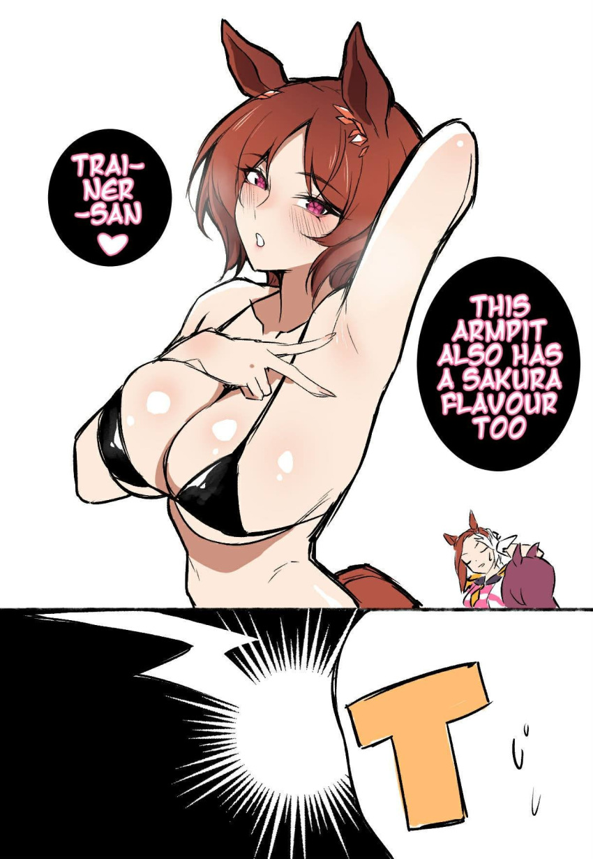 1boy 1boy1girl 3_girls armpit_fetish armpits bakushin_o_armpit_gif_(meme) big_breasts cero_rains female_focus multiple_girls sakura_bakushin_o_(umamusume) sakura_chiyono_o_(umamusume) sakura_laurel_(umamusume) sweaty trainer_(umamusume) umamusume yuri