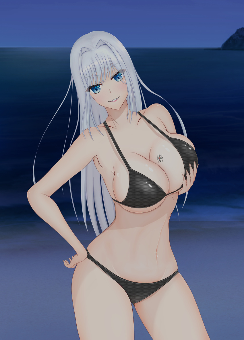 1girl absurd_res alluring big_breasts bikini black_bikini blue_eyes ethel_(xenoblade) grabbing_own_breast groin hand_on_own_hip high_res nintendo ocean pigroom_ton4 swimsuit thighs white_hair xenoblade_(series) xenoblade_chronicles_3