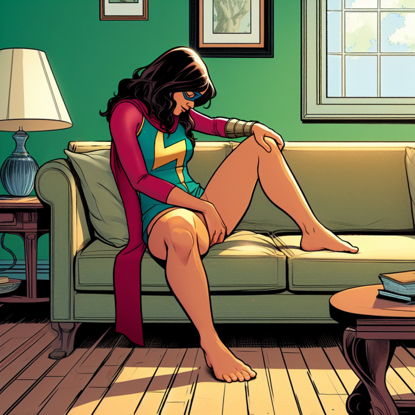 1girl ai_edit ai_generated brown_skin dark-skinned_female edit female_masturbation female_only fingering fingering_self kamala_khan long_hair marvel marvel_comics masturbation ms._marvel muslim_female scarf sofa solo_female superheroine