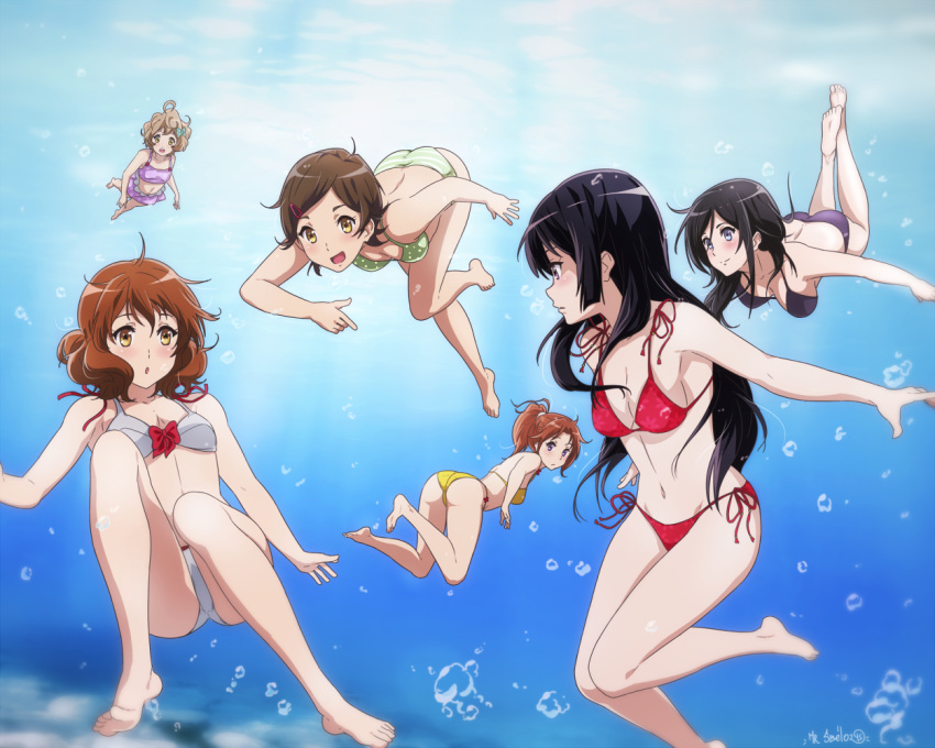 barefoot big_breasts bikini black_hair blue_eyes breasts brown_eyes brown_hair cleavage feet freediving gradient gradient_background hair_ornament hairclip hibike!_euphonium holding_breath katou_hazuki kawashima_sapphire kousaka_reina long_hair multiple_girls nakagawa_natsuki navel no_glasses oumae_kumiko purple_eyes pussy sbel02 shiny_hair short_hair small_breasts swimming tanaka_asuka toes uncensored underwater wavy_hair