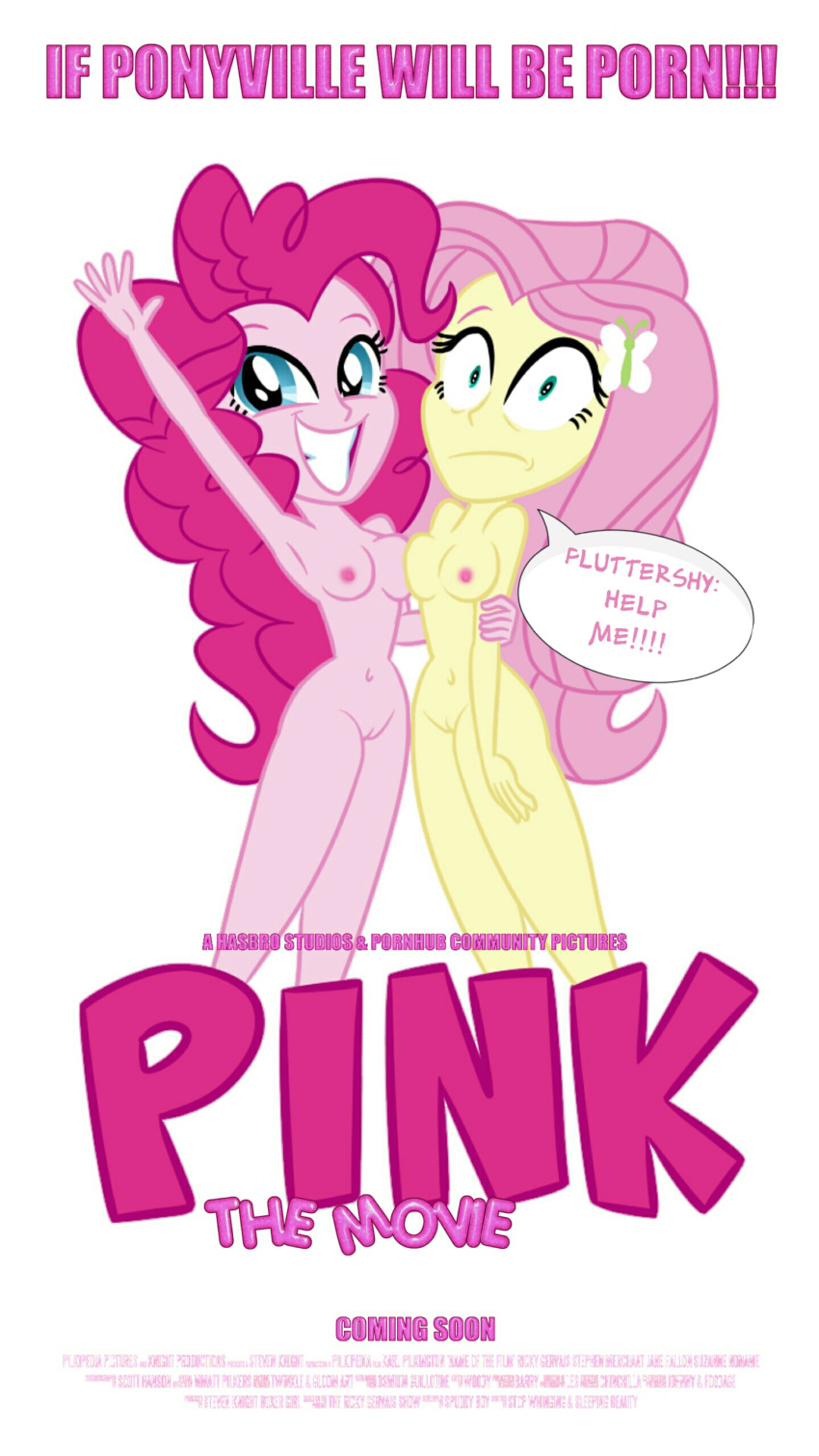 2girls breasts equestria_girls eyebrows eyelashes female_full_frontal_nudity female_nudity female_only fluttershy fluttershy_(mlp) friendship_is_magic hasbro human movie my_little_pony nipple nipples nude pinkie_pie pinkie_pie_(mlp) poster poster_art speech_bubble teeth text