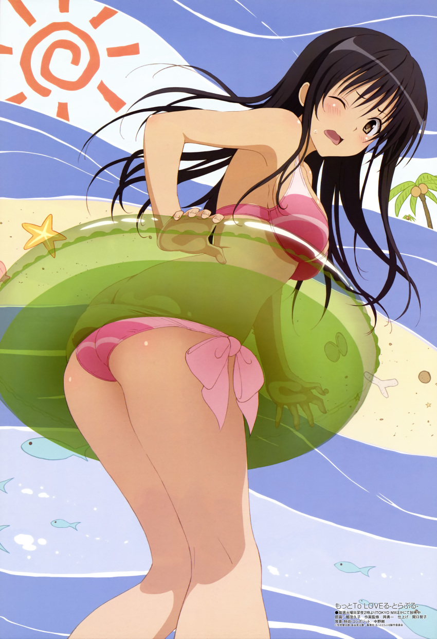 1girl 1girl ;o absurd_res armpits ass bangs beach bikini black_hair blush breasts brown_eyes butt_crack coconut fish from_below from_side high_res innertube kneepits kotegawa_yui leaning_forward long_hair looking_at_viewer looking_back lowleg lowleg_bikini megami motto_to_love-ru official_art one_eye_closed open_mouth palm_tree pink_bikini scan seashell shell side-tie_bikini sideboob standing starfish striped striped_bikini striped_swimsuit stuck sun sweatdrop swimsuit to_love-ru transparent tree tsurukubo_hisako very_long_hair water wavy_mouth wince wink