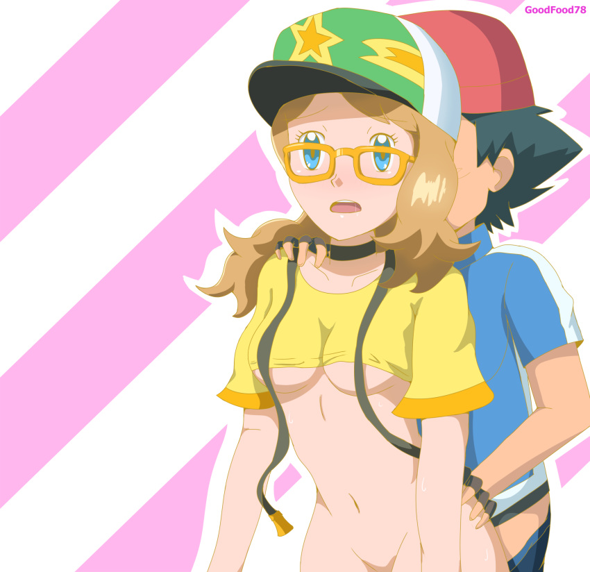 aged_up alternate_costume anus artist_name ash_ketchum ass blush bottomless cum cum_on_ass from_behind from_behind_position glasses goodfood78 medium_breasts pokemon pokemon_(anime) pokemon_xy porkyman pussy satoshi_(pokemon) serena serena_(pokemon) underboob