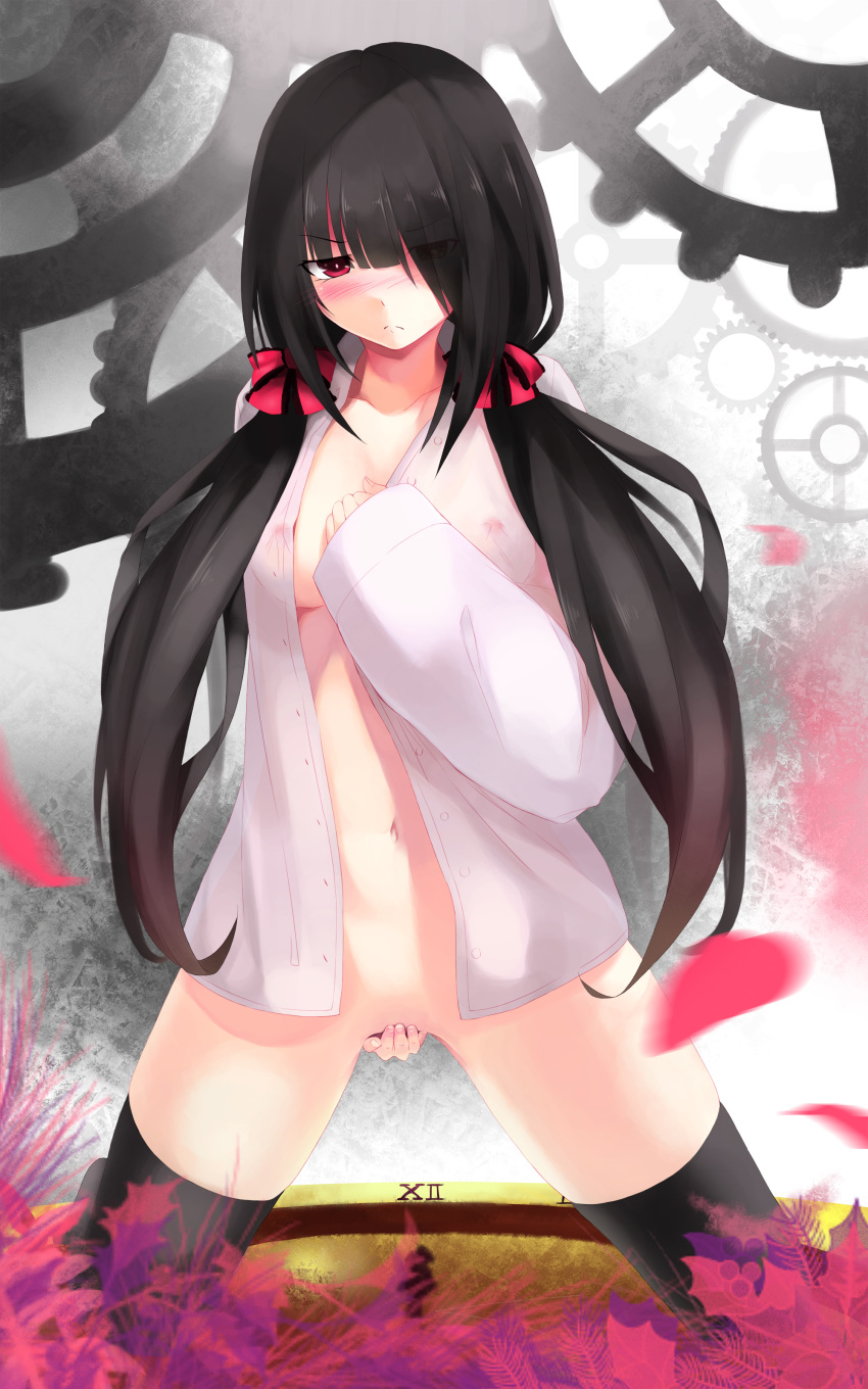 10s 1girl absurd_res areola black_hair black_legwear blush breasts collarbone covering covering_crotch date_a_live dress_shirt embarrassed erect_nipples frown gears hair_over_one_eye hand_on_own_chest high_res long_hair medium_breasts naked_shirt navel nipples_visible_through_clothing no_panties nose_blush open_clothes open_shirt raised_eyebrow red_eyes roman_numerals see-through shirt stockings thighs tokisaki_kurumi torieto twin_tails underboob wide_stance