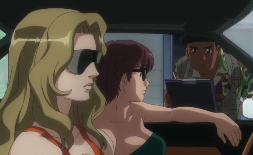 1boy 2_girls anime arm arms asobi_ni_iku_yo! bangs bare_arms bare_shoulders blonde blonde_hair breasts brown_hair car cleavage closed_mouth cockpit collarbone green_tubetop lips long_hair multiple_girls neck parted_bangs red_tank_top short_hair sitting strapless sunglasses tank_top tubetop upper_body