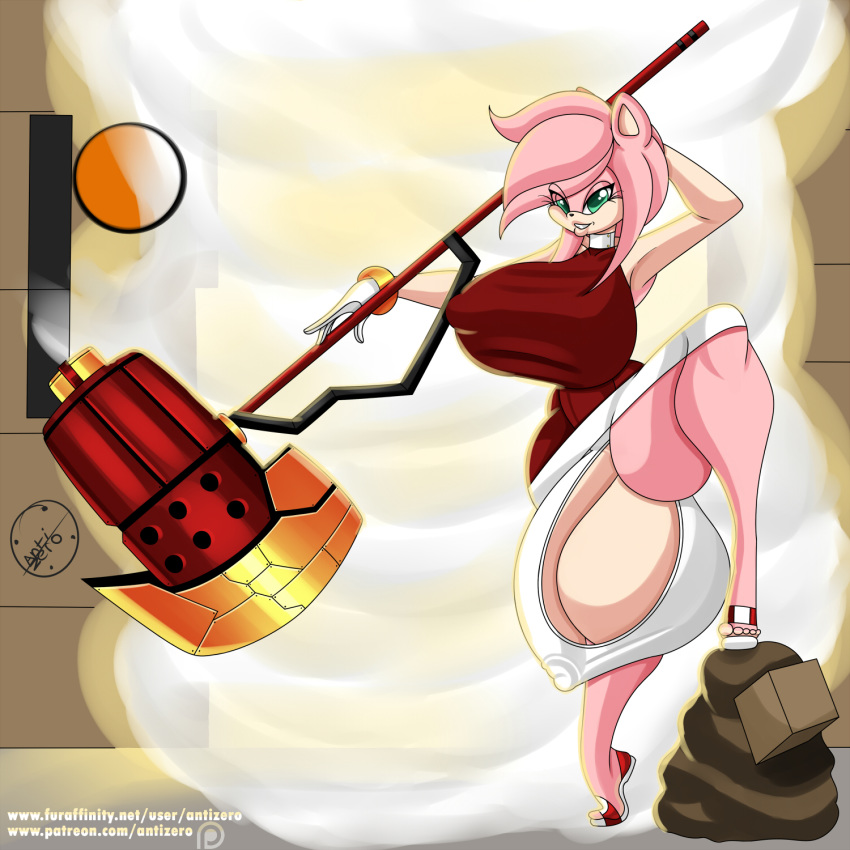 1girl 2017 amy_rose anthro antizero backsack black_nose breasts clothing eyelashes feet female female_only flaccid futanari green_eyes hair huge_testicles hyper hyper_testicles patreon pink_hair short_hair sonic_(series) testicles