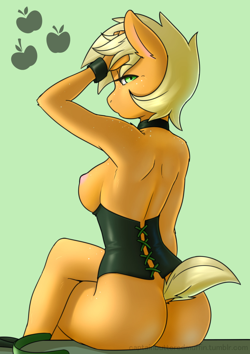 1girl 2017 absurd_res anthro anthrofied applejack_(mlp) ass breasts captainpudgemuffin clothing earth_pony equine freckles friendship_is_magic furry high_res horse looking_at_viewer mammal my_little_pony pony sitting