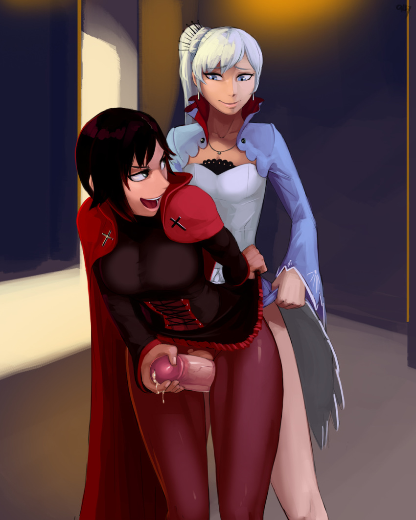 2_girls aka6 clothed_sex frottage futanari futanari_with_female grinding handjob looking_at_another looking_back multiple_girls open_mouth penis precum ruby rwby sex skirt_lift standing thigh_sex torn_clothes torn_pantyhose uncensored weiss