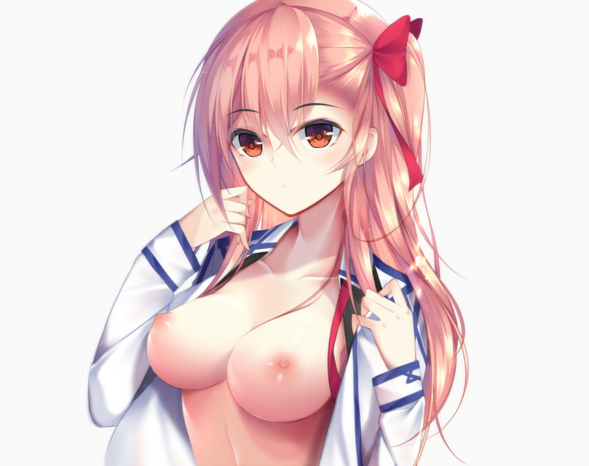 1girl 1girl 1girl asymmetrical_bangs bangs blush bow breasts brown_eyes closed_mouth expressionless eyebrows_visible_through_hair farcher girls_frontline hair_between_eyes hair_bow hair_ornament hair_ribbon long_hair long_sleeves looking_at_viewer medium_breasts negev_(girls_frontline) nipples no_bra one_side_up open_clothes open_shirt pink_hair red_bow red_ribbon ribbon shirt simple_background tsurime upper_body white_background