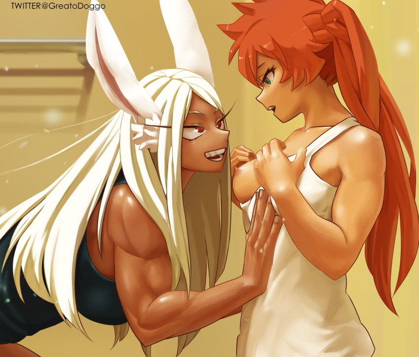 1girl 2_girls animal_ears bare_arms bathroom biceps big_breasts black_shirt black_tank_top breasts bunny_ears clavicle clothing dark-skinned_female dark_skin eye_contact greatodoggo green_eyes high_resolution kendou_itsuka long_hair looking_at_another medium_breasts mirko multiple_girls muscle muscular_female my_hero_academia nipples open_mouth ponytail red_eyes shirt smile tank_top tied_hair twitter_username upper_body white_hair white_shirt white_tank_top yuri