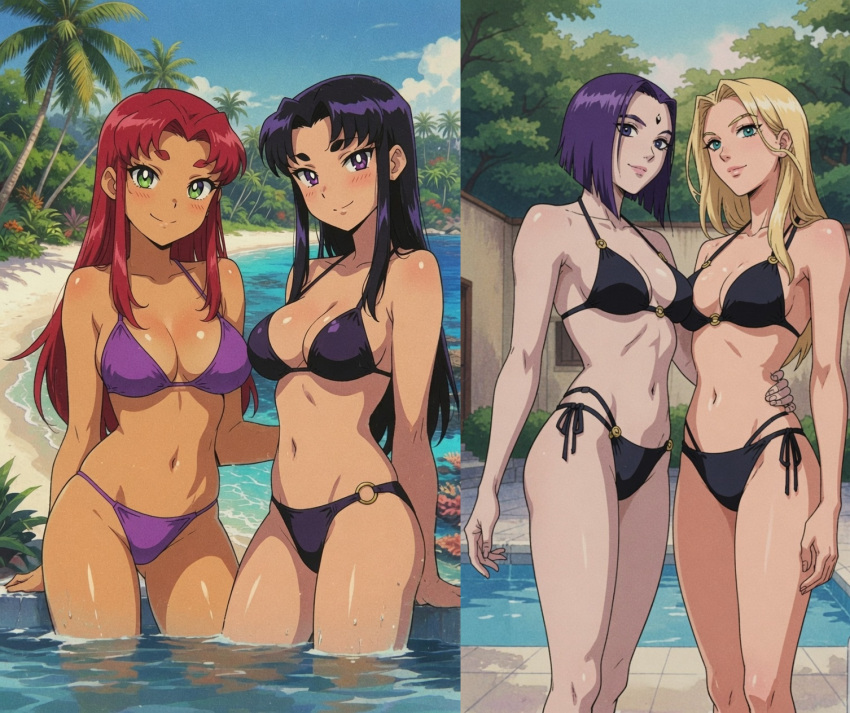 4girls ai_generated beach bikini blackfire dc_comics female_only komand'r koriand'r looking_at_viewer older older_female older_sister_and_younger_sister rachel_roth raven_(dc) raven_(teen_titans) sisters starfire teen_titans teen_titans_(television_series) terra terra_(dc) terra_(teen_titans) young_adult young_adult_female