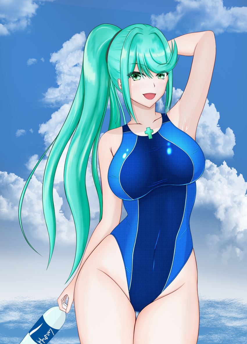 1girl alluring beach big_breasts cleavage green_eyes green_hair nintendo ocean one-piece_bikini pigroom_ton4 pin_up pneuma_(xenoblade) ponytail xenoblade_(series) xenoblade_chronicles_2