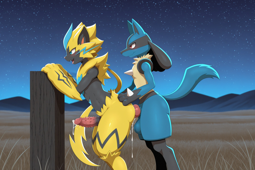 3_fingers absurd_res ai_generated anal anal_penetration animal_genitalia animal_penis anthro anthro_on_anthro anthro_penetrated anthro_penetrating anthro_penetrating_anthro ass balls big_balls big_ears big_penis big_tail biped black_body black_markings blue_body blue_eyes blue_fur blush blush_lines bodily_fluids canine_genitalia canine_penis cum cum_in_ass cum_inside cum_on_body cum_on_butt cum_on_penis duo fangs fingers fluffy_(artist) fluffy_tail fur generation_4_pokemon generation_7_pokemon genital_fluids genitals grass hand_on_butt high_res huge_balls huge_penis knot legendary_pokemon looking_at_another looking_at_partner lucario male male/male male_penetrated male_penetrating male_penetrating_male markings mouth_closed multicolored_body night nintendo open_mouth open_smile outside_sex paws penetration penile penile_penetration penile_spines penis penis_in_ass plains plant pokemon pokemon_(species) red_eyes sex sheath smile smiling_at_another smiling_at_partner snout spikes spikes_(anatomy) standing standing_sex star tail tan_body tan_fur teeth whiskers yellow_body yellow_fur yiff_ai_(director) zeraora