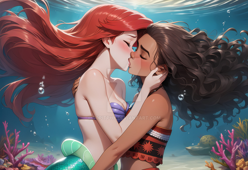 2girls ariel ariel_(the_little_mermaid) bare_arms bare_shoulders bikini blush bopitphy breasts brown_hair cleavage closed_eyes collarbone company_connection coral coral_reef couple crossover dark-skinned_female dark_brown_hair dark_skin day disney disney_princess duo female female/female female_only floating_hair hand_up hugging interracial interracial_couple interracial_yuri jewelry kissing light-skinned_female light_skin love mermaid midriff moana_(disney) moana_waialiki multiple_girls mutual_yuri neck necklace outside princess princess_ariel purple_bikini purple_swimsuit red_hair red_tubetop romantic romantic_couple shell shell_bikini small_breasts straight_hair strapless strapless_bikini strapless_swimsuit swimsuit the_little_mermaid the_little_mermaid_(1989_film) thick_eyebrows tubetop underwater water wavy_hair yuri
